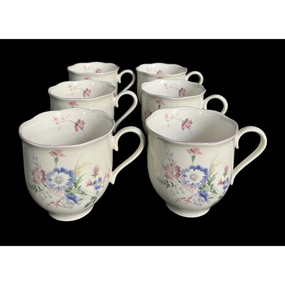 Set Of 6 Mikasa Rondo Stephanie Flat Cups EJ 952 Cream Colored with Wildflowers